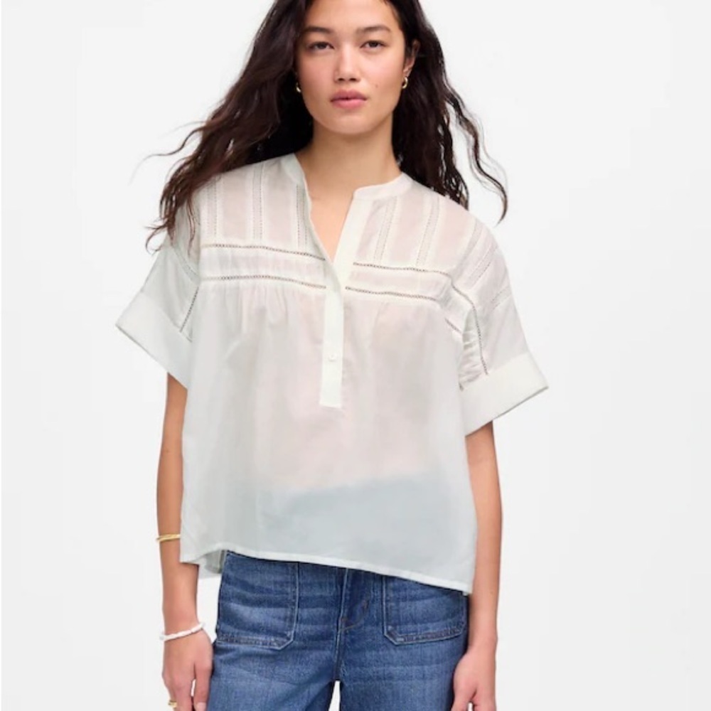 NWT Madewell White Lace-Inset Pintucked Henley Top